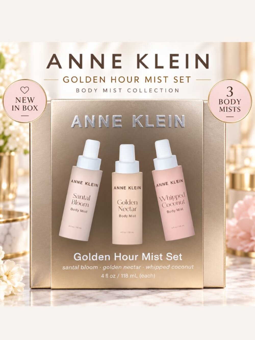 Anne Klein Golden Hour Body Mist Set – 3 Pc Gift Box NWT